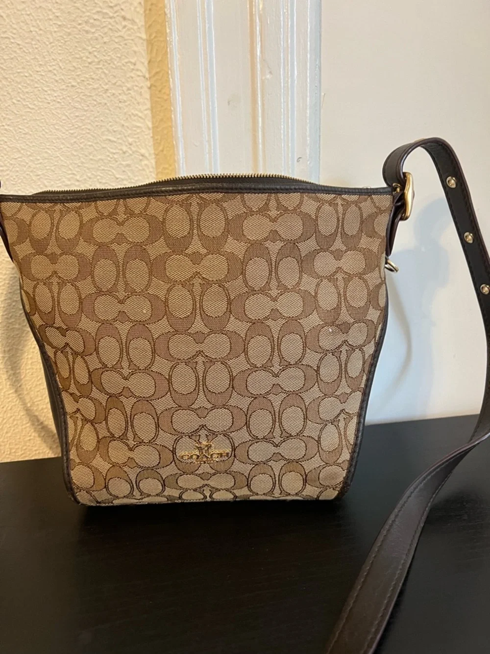 Authentic COACH Small Dufflette Signature Jacquard Crossbody Bag Brown Gold